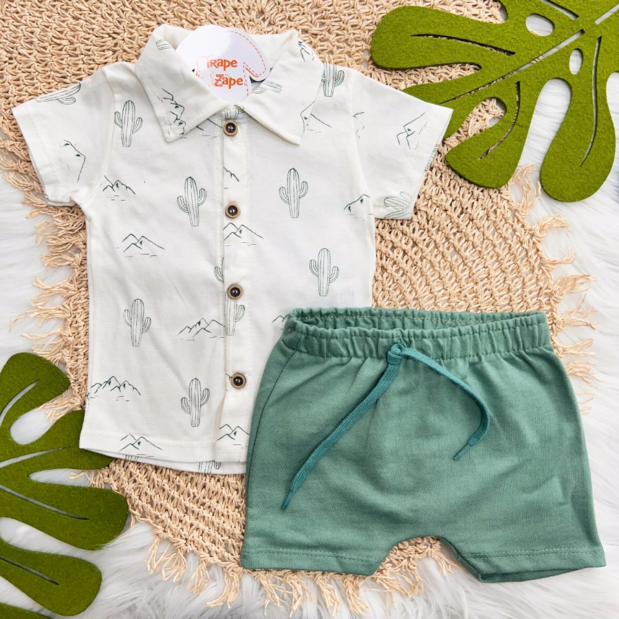 Conj. Camisa Cactos e Bermuda em Moletinho - Off White e Verde